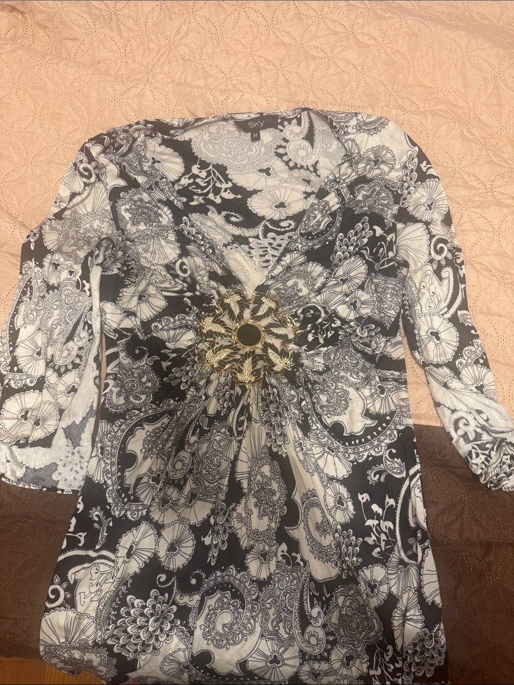 Sky Black & White Paisley Long-Sleeve Dress with Gold Medallion
